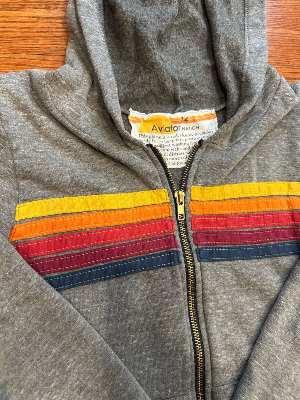 Aviator Nation Gray Zip Hoodie with Yellow Orange Red and Blue Stripes